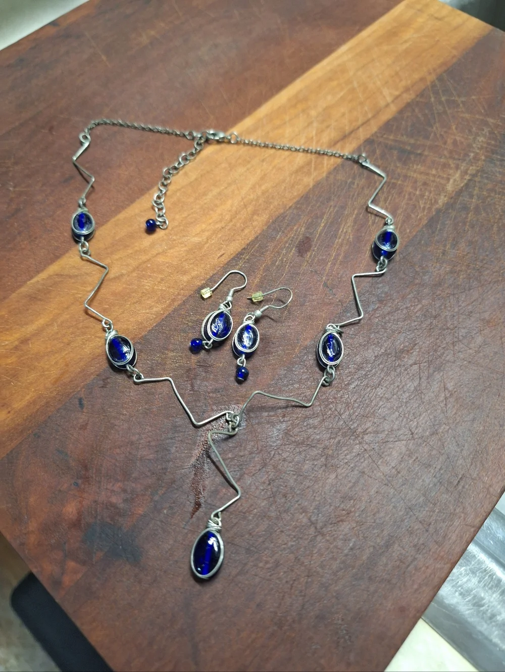 Silver Tone Blue Oval Glass Lapis Link Station Necklace w/ Matching Earrings